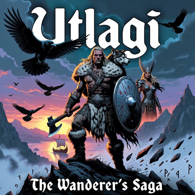 The Wanderer's Saga album cover by Útlagi - Viking warriors on a longship sailing through stormy seas